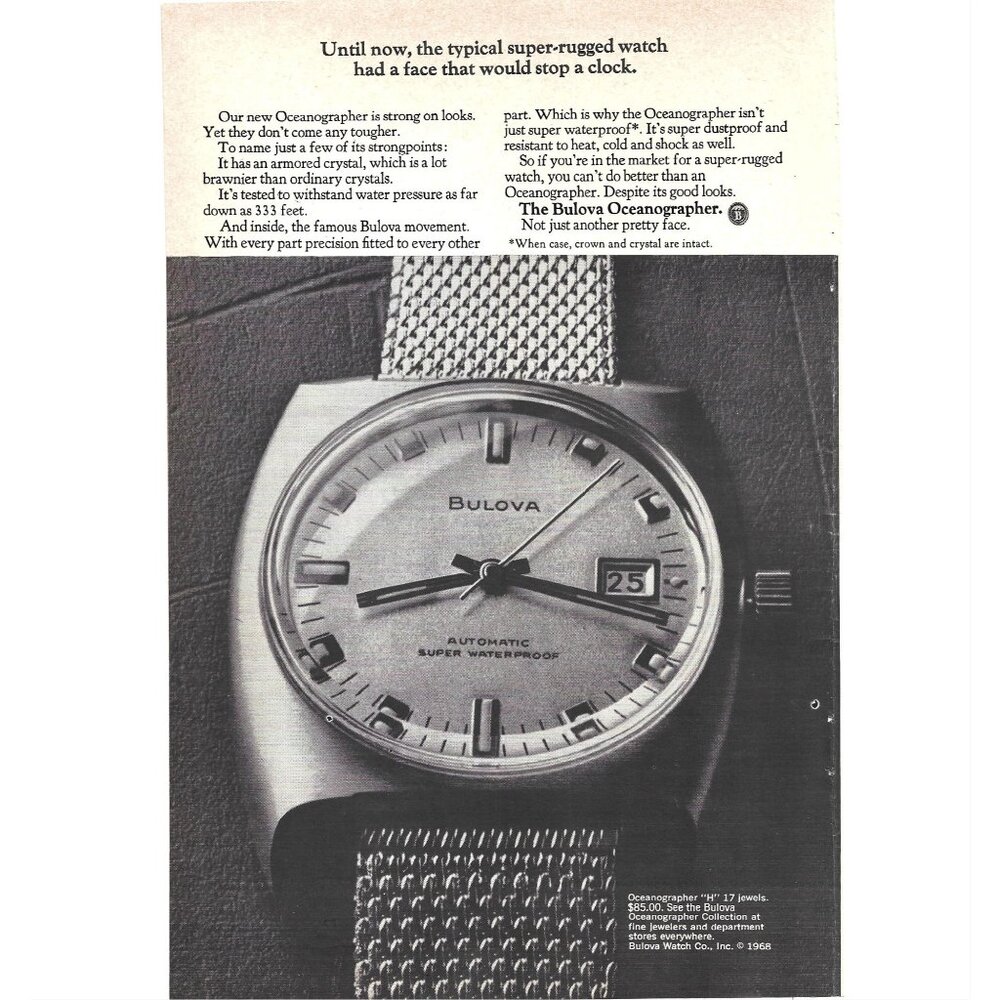 Bulova Advertisement Watch Oceanographer 1960s Vintage Print Ad 9 inch Tall